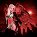 blonde angel with red wings wearing bikini